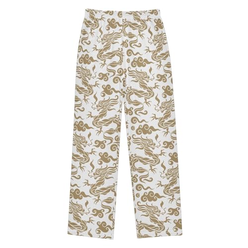 Golden Dragon Print Boys Long Pants Soft Trousers Elastic Waist Kids Lounge Bottoms with Pockets S-XL