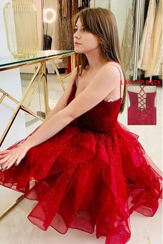 ZSHAOLHYJYZS Tiered Homecoming Dresses 2025 V-Neck Glitter Tulle Spaghetti Straps Short Prom Dresses for Teens Ball Gown2