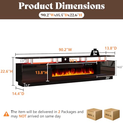 Image of AMERLIFE 90 inch High-Gloss Fireplace TV Stand with 50 inch Electric Fireplace | Black LED TV Console, Modern Living Room Entertainment Center, Fits TVs up to 100 inch, 2 Cabinets, 2-Tier Storage Space