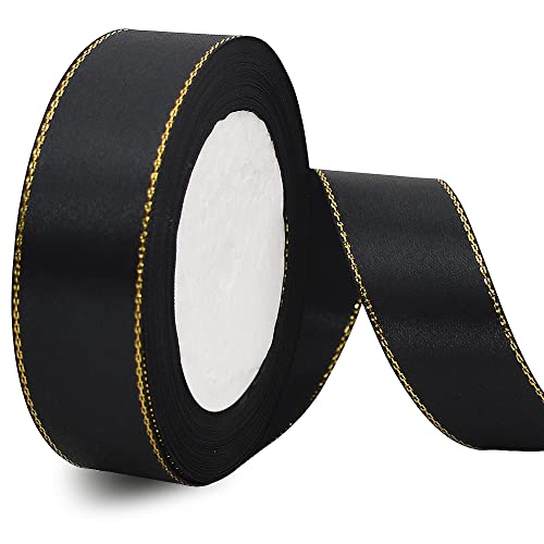 TONIFUL 1 Inch x 25 yds Thin Black and Gold Satin Ribbon with Gold Edges Border Fabric Ribbons for Gift Wrapping Wedding Birthday Cake Decoration Floral Craft Bow Making Valentine's Day Bouquet