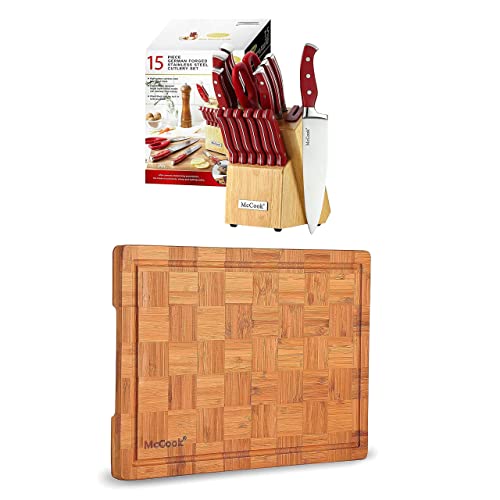 McCook MC24 German Stainless Steel Knife Block Sets with Built-in Sharpener + MCW12 Bamboo Cutting Board (Large, 17â€x12â€x1â€)
