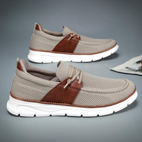 Image of Mens Casual Slip in Boat Shoes Fashion Lightweight Slip On Loafers Walking Beach Sneakers Work Mesh Oxfords Soft Sole Khaki
