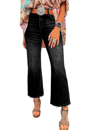 Astylish Women Wide Leg Jeans High Waisted Stretchy Flare Leg Ankle Jeans Baggy Raw Hem Summer 2025 Denim Pants Size 8 Black