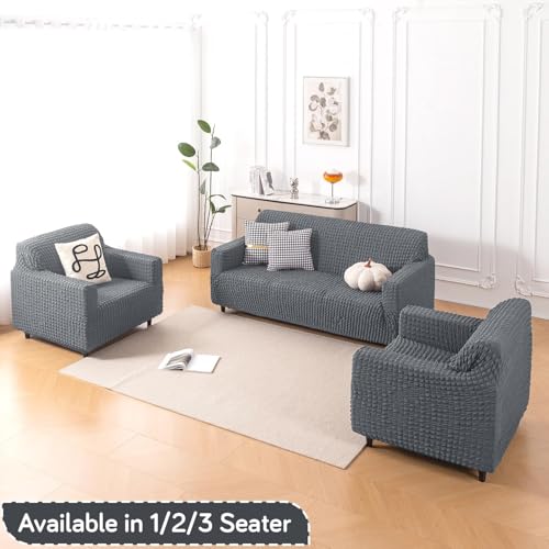 Image of HOKIPO 'Aria Nova' Elastic Stretchable 280 GSM Bubble Sofa Cover for 1 Seater, Dark Grey (NEW-AR-6208-DGRY)