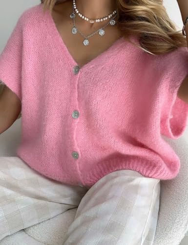 Image of Gihuo Women's Short Sleeve Sweater Cardigan Y2K Button Down Ribbed Knit Sweaters V Neck Oversized Going Out Tops(Pink-M)