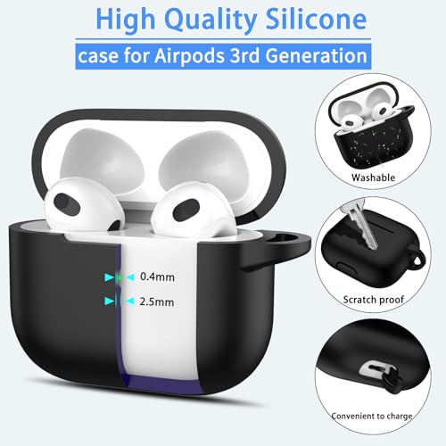 MHYALUDO AirPods 3rd Generation Case Cover 2021, Military Grade Anti-Fall Soft Silicone Shock-Absorbing Protective AirPods 3 Case Skin with Keychain and Cleaning kit, Front LED Visible, Black - Image 2