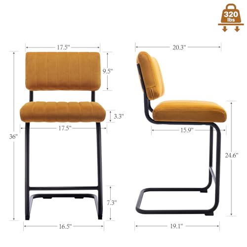 Image of ONEVOG 24 Inch Counter Bar Stools Set of 2, Mid-Century Modern Counter Height Cantilever Bar Chairs for Kitchen Island, Upholstered Velvet Fabric Barstools with Back and Matte Black Metal Legs, Orange