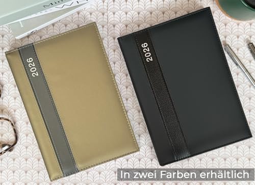 Buchkalender 2026 A5 - Lederoptik Design Chefplaner 2026 A5 Business Planer Terminkalender mit Jahreskalender Kalenderbuch Terminplaner Kalender 2026 (Schwarz)