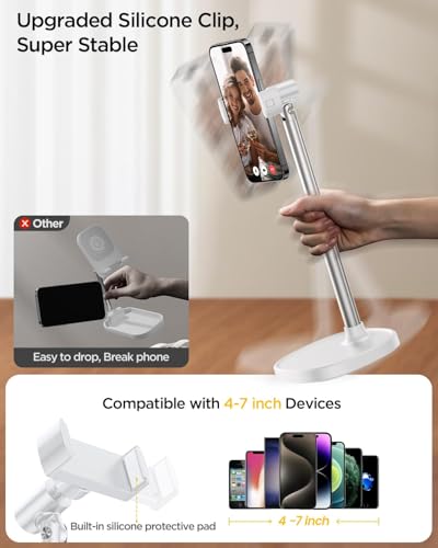 Image of DIMONCOAT Adjustable Aluminum Alloy Cell Phone Stand - White, Universal Compatibility with 4-7 inch Devices, 180 Flip & 360 Rotation