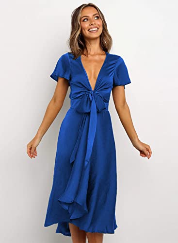 Image of miduo Womens Satin V Neck Ruffle Short Sleeve Tie Front High Waist Midi A-Line Maxi Dresses