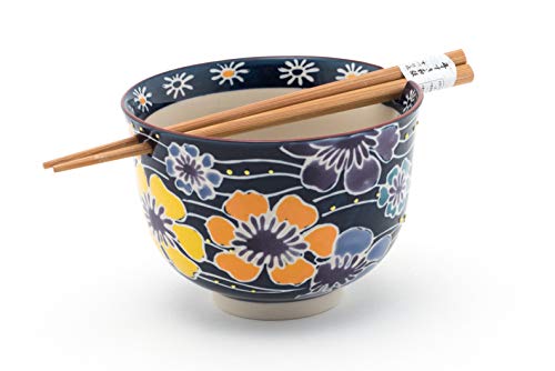 Fuji Merchandise Spring Floral Mix Design Quality Ceramic Ramen Udon Noodle Bowl with Chopsticks Gift Set 5 Inch Diameter