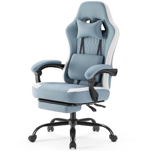 Image of Computer Gaming Chair - High Back Ergonomic Desk Chair with Footrest and Lumbar Support, Height Adjustable Task Chair with Linkage Armrests and Headrest, 360 Swivel Wheels, Blue