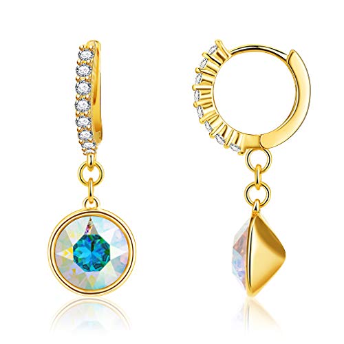 Swarovski Crystal Round Drop Huggie Hoop Earrings for Women 14K Gold Plated Hypoallergenic Jewelry (Aurora Borealis)
