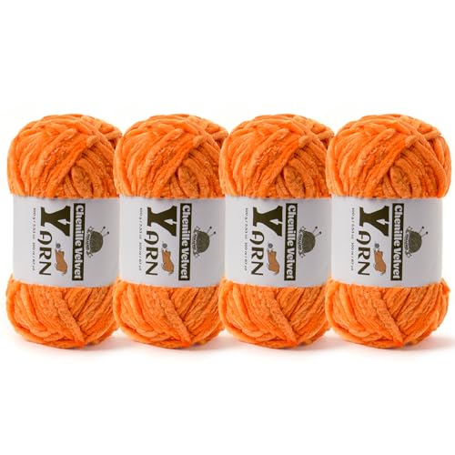 Image of 4 Pack Plush Chenille Chunky Yarn - Fluffy Velvet Yarn Crochet for Blanket Knitting and Crocheting - Soft Baby Yarns for Crocheting - Amigurumi Crochet Yarns 100g (87yds) (4 Orange)