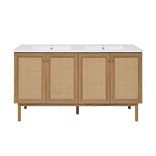 Image of Classe 60 inch Freestanding Bathroom Vanity in Golden Oak with Double Basin Sink Top