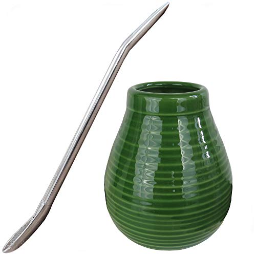 Gaucho Bruno – Mate de Cerámica y Bombilla, Pajita Acero Inoxidable - Conjunto Reutilizable para Mate Argentino – Antideslizante y Fácil de Limpiar – 400ml - Verde