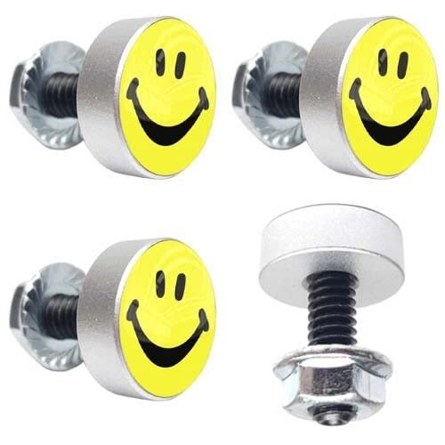 4 Silver Motorcycle Smile Face License Plate Frame Fasteners Tag Bolt Screws Style-9856-5326