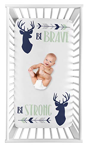 Image of Sweet Jojo Designs Woodland Deer Boy Fitted Crib Sheet Baby or Toddler Bed Nursery Photo Op - Navy Blue, Mint and Grey Woodsy Arrow Be Brave Be Strong