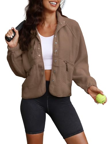 ReachMe Womens Sherpa Jacket Casual Lapel Button Down Cropped Fuzzy Fleece Jackets Long Sleeve Winter Coats with Pockets3