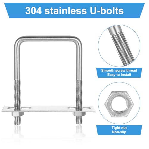Image of 8 Pack Square U-Bolts, Stainless Steel U-Bolts with Frame Plates and Nuts, 2-1 /2 inch Inner Width 100mm Lengt, Square U Shaped Bolts for Automobiles Trailer, Ski Boat, Sailboat, Trailer