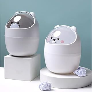 Suuwwn Cartoon Bear Mini Desk Bin Trash Can With Lid,Portable Removable Table Waste Bin Desktop Dustbin Home Room Office Plastic Dust Bin Pen Holder Cosmetic Paper Towel Flip-Type Garbage Organizer