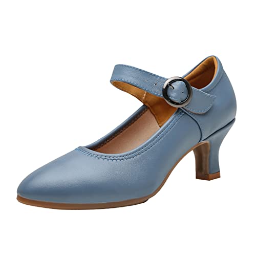 Women Character Dance Shoes Girls Leather Latin Salsa Shoes Ballroom Dance Heels Prom Wedding Shoes Dress Pump(Blue,US 7.5)
