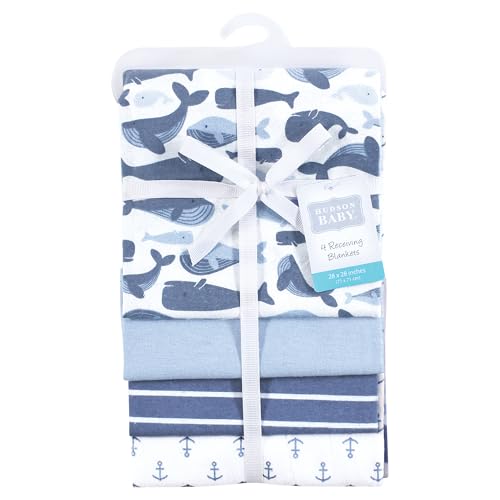 Image of Hudson Baby Unisex Baby Cotton Flannel Receiving Blankets 4-Pack, Cute Whales, One Size