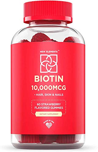 New Elements Biotin Gummies 10000mcg, Hair Skin and Nails Vitamins Made in USA, Chewable Hair Growth Supplement for Men & Women, Vegan, Pectin Based, Strawberry Flavor, Non-GMO, Gluten Free