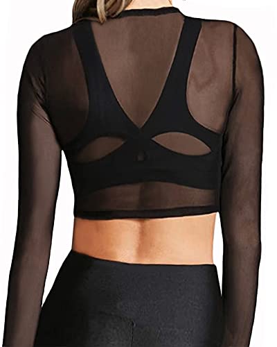 MANGOPOP Women's Short Sleeve Long Sleeve Sheer Mesh Crop Tops Tee Shirt Blouse - Image 3