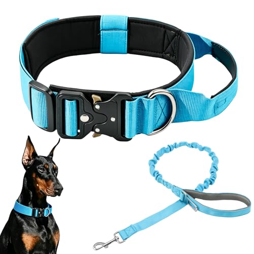 Tactical-Dog-Collar-Leash-Set-Adjustable-Military-Training-Nylon-Collar-with-Heavy-Metal-Buckle-Shock-Absorbing-Bungee-Leash-for-Medium-Large-DogsBlue-Large Tactical Dog Collar Leash Set, Adjustable Military Training Nylon Collar with Heavy Metal Buckle & Shock-Absorbing Bungee Leash for Medium Large Dogs(Blue, Large) - Image 1