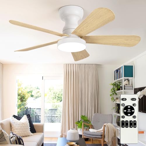 Image of Depuley Small Ceiling Fan with Lights: 35-Inch Flush Mount Fan with Light and Remote - Low Profile Ceiling Fans Reversible Quiet DC Motor for Bedroom Living Room Indoor Outdoor, Wood Color