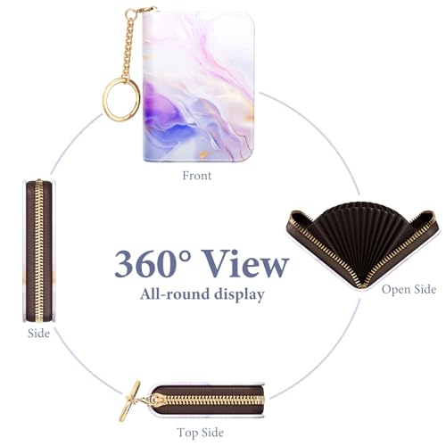 Image of Credit Card Holder RFID Wallet for Women, Small Leather Card Organizer Case with Zipper and Keychain, Purple Marble
