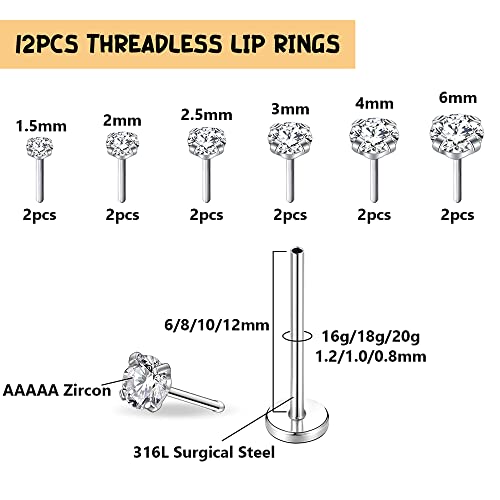 Punktracker 12Pcs Threadless Push In Lip Rings Surgical Stainless Steel Tragus Helix Conch Medusa Piercing Jewelry Labret Jewelry Cartilage Earrings For Women Men 16G/18G/20G #TOP1