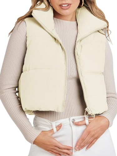 MEROKEETY Women's Crop Puffer Vest Lightweight Stand Collar Sleeveless Zip Up Padded Gilet Coat,Beige,S