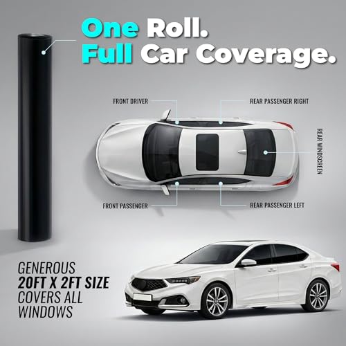 Image of Professional-Grade 2-Ply Car Window Tint Film 5% VLT Limo Black 20ft x 26in - Heat-Shrinkable Solar, Heat & Privacy Film with Instructions, Scratch-Resistant, for Rear Windows