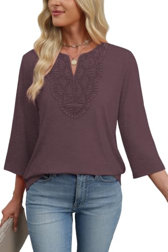 Image of WIHOLL 3 /4 Length Sleeve Womens Tops Boho V Neck Lace Shirt Trendy Blouses Dressy Casual Vacation Clothes S-3XL