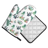 Cactus Flower Oven Mitts and Pot Holders Sets,Heat Resistant Oven Gloves with Hanging Loop for Safe