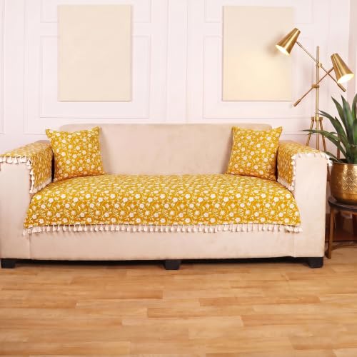 Image of ishro home Premium Sofa Cover 2 Seater Protecter with 2 Handle Covers - Soft European Standard Fabric, Frill Design, Machine Washable | (Yellow Floral, 2 Seater, Seat Cover)
