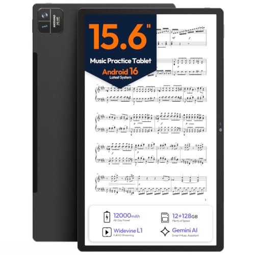 Image of 15.6 Inch Android 16 Tablet, FHD IPS Sheet Music Display for Musicians | 12GB Memory 128GB Storage, Helio G99 Octa-Core, 12000mAh Battery, 32MP Rear Camera, Quad Speakers, Sheet Music Display