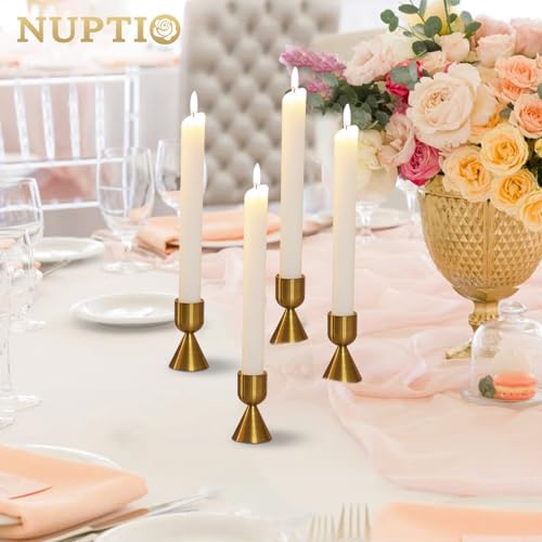 NUPTIO Candle Stick Candle Holder: 4 Pcs Gold Candlestick Holders for Taper Candles Aluminium Tapered Holder Candlesticks Dinner Centrepieces Table Decoration Wedding Party Fireplace Christmas
