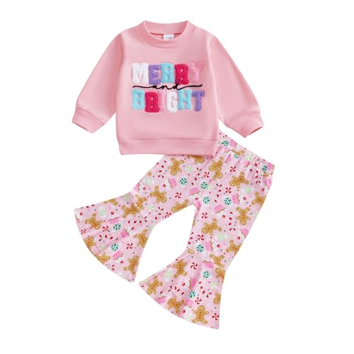 Dcohmch Toddler Girl Christmas Outfit Letter Embroidery Long Sleeve Sweatshirt Bell Bottom Pants Baby Girls Fall Clothes