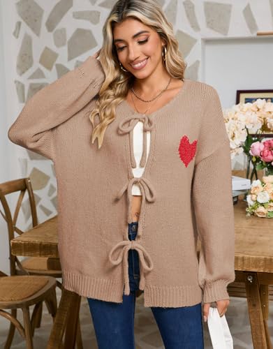 Image of Women's Tie Cardigan Sweaters Long Sleeve Chunky Knit Big Cute Heart Sweater Coats Khaki Large