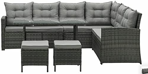 EVRE Monroe Outdoor 8 Seat Wicker Rattan Garden Furniture Dining Set Cushioned Corner Sofa Chair Glass Top Table Footrest for Patios Conservatories Rectangular with Weatherproof Cover (Grey) - Image 4