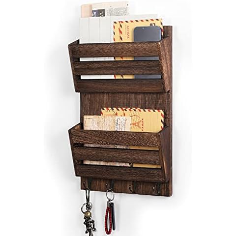 MOOACE Mail Organizer Wall Mount with Key Hooks, 2-Slot Wood Mail and Key Holder for Wall Organizers, File Letter Folder Home Office Accessories Organizer Farmhouse Decor Cover