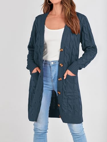 Image of PRETTYGARDEN Long Sleeve Cable Knit Long Cardigan for Women 2026 Spring Winter Chunky Open Front Button Sweaters with Pockets