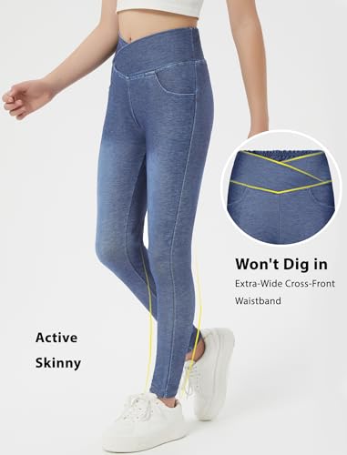 EXARUS Girls 3 Pack Jeggings Skinny/Flare Crossover Stretch Jeans High Waisted Pull on Casual School Pants Teens 8-14Y2