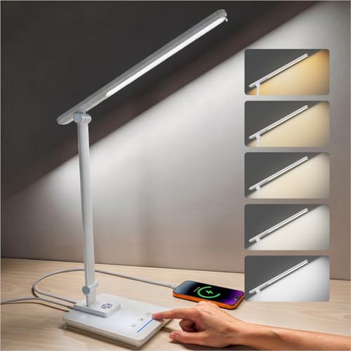 ELECTRI LED Desk Lamp, Touch Desk Light with USB Port, 5 Color & Stepless Dimming, 360° Rotatable ＆ Foldable, Reading Lamp for Table Study Work Office Nail Craft Puzzle(with Adapter) (White)