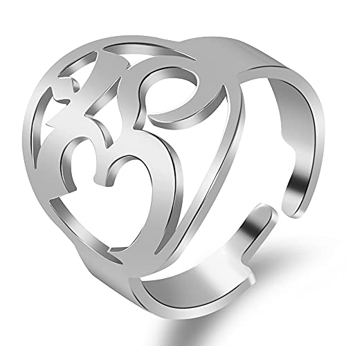 FLYUN Om Ring Mens Indian Yoga Aum Om Ohm Rings Adjustable Ring for Women (Om Symbol-Steel Color)