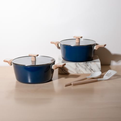 Image of Kreme Ceracook Ceramic Coated Granite 6 Pc Casserole Cookware Set, Stew Pot, Biriyani, ISI Certified, Forged Aluminium, Gas & Induction Use, PFAS & PTFE Free, 1 Yr Warranty, Ocean Deep Blue