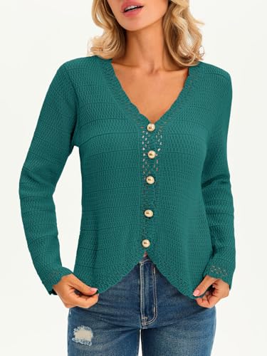 Image of Saodimallsu Womens V Neck Cardigan Sweaters Button Up Cropped Boho Knit Long Sleeve Loose Trendy Sweater Tops